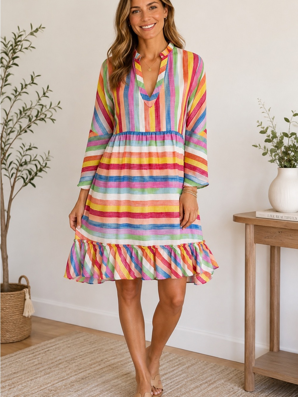 La Plage Multicolor Striped Ruffle Midi Dress Bell Sleeves Size Small Like New
